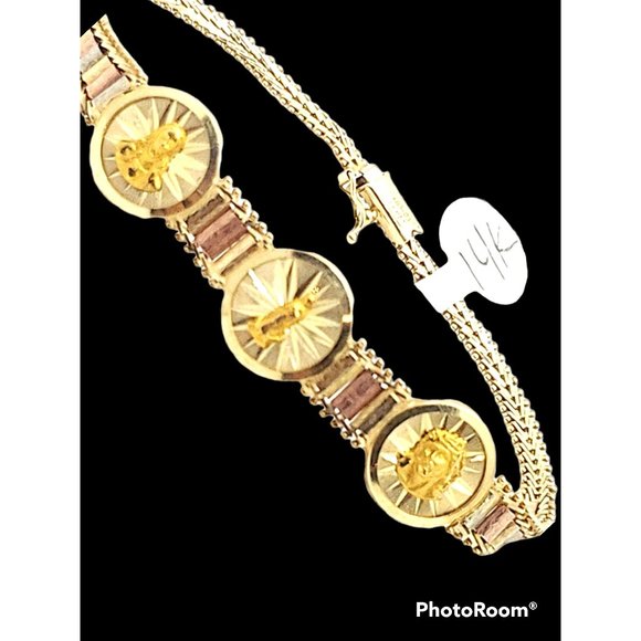 14k Real Gold Bracelet with Three Religious Images in 3 Colors of Solid Gold.